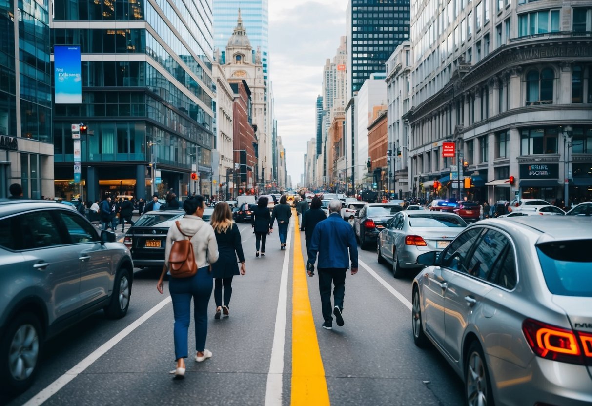 Busy city street with diverse architecture. People walking, cars passing. Dynamic angles and perspectives