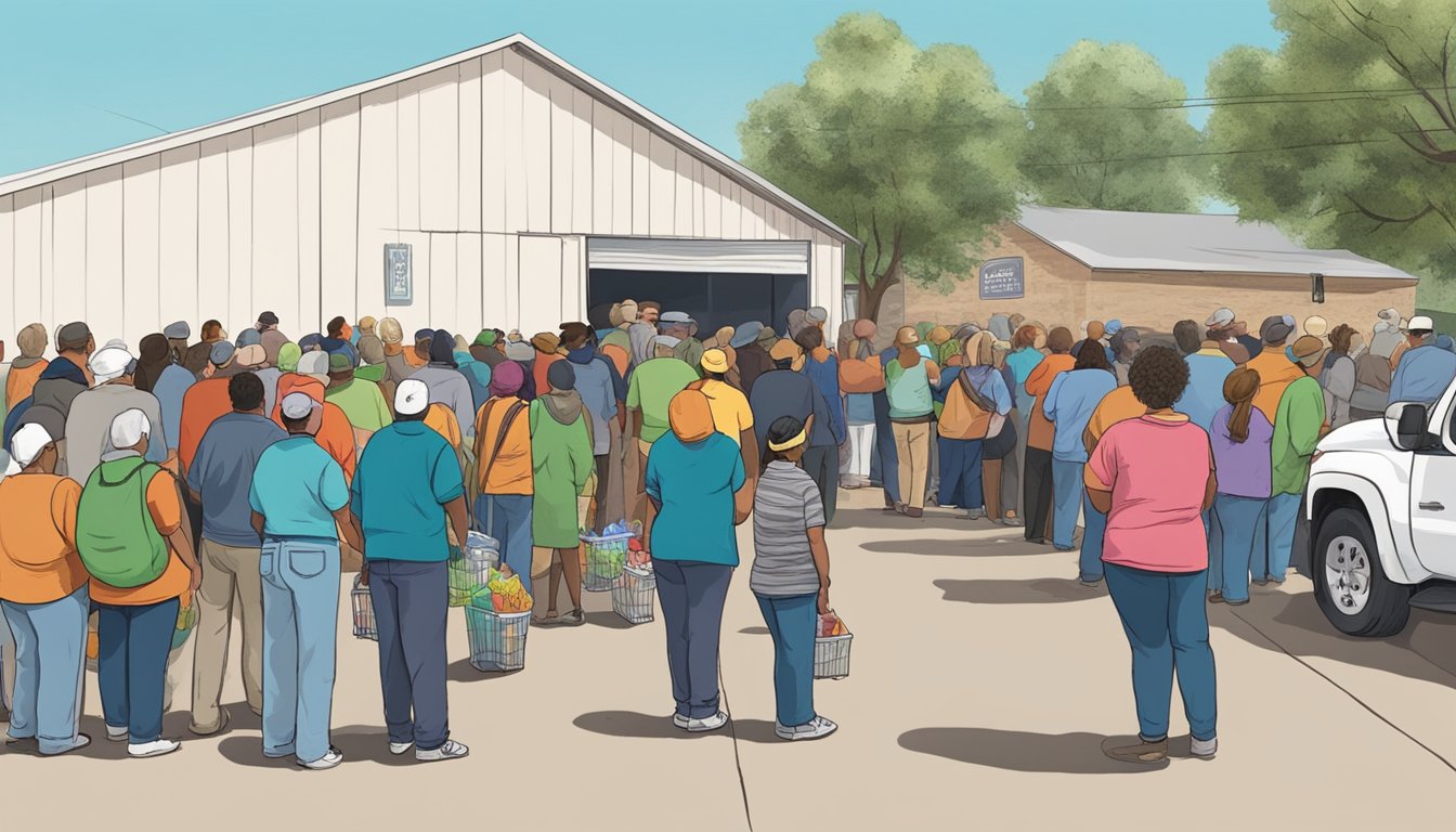 A line of people waiting outside a food pantry in Somervell County, Texas, with volunteers distributing free groceries and assistance during a disaster