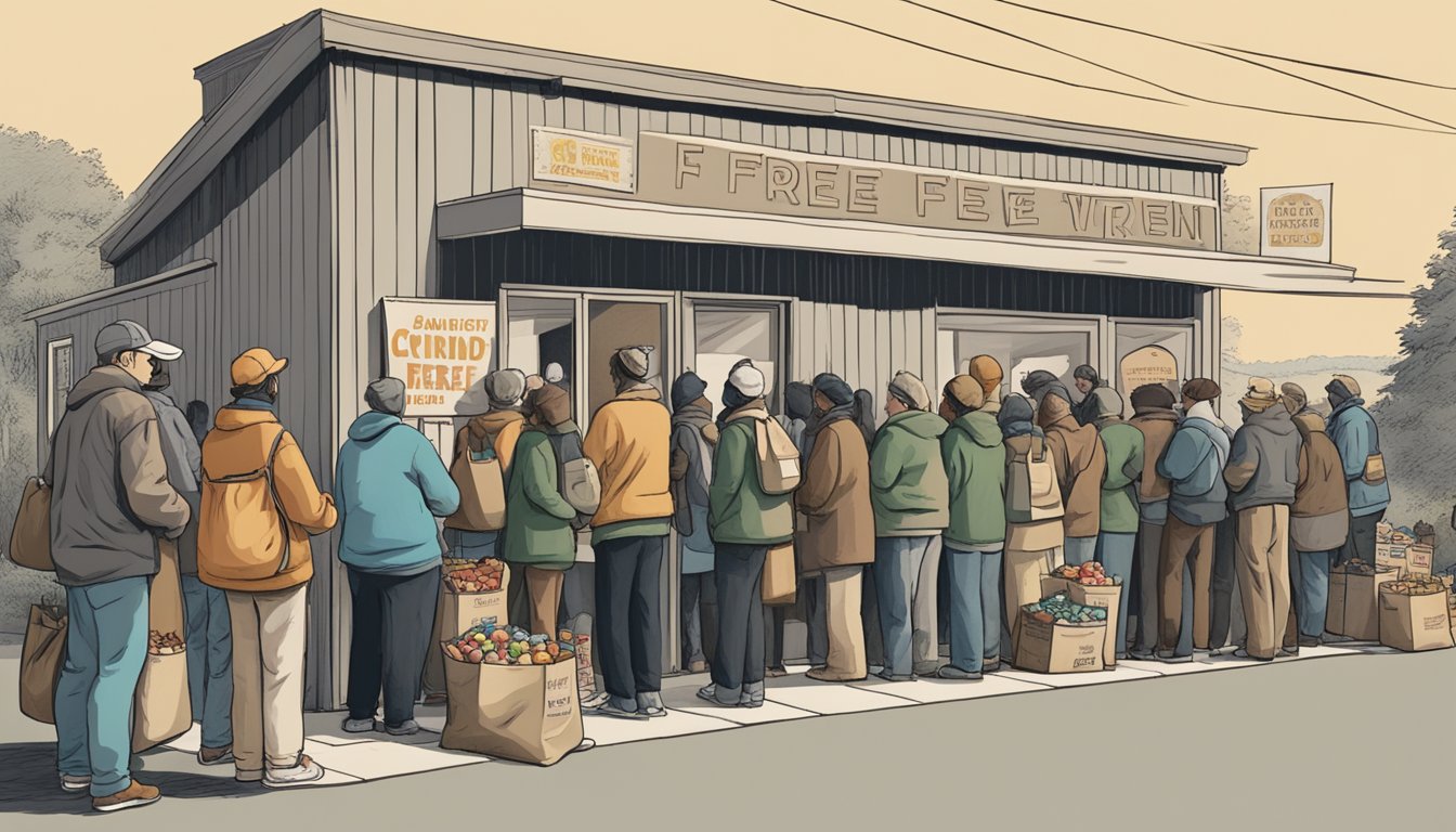 A line of people wait outside a small building, where volunteers hand out bags of groceries and canned goods. Nearby, a sign advertises free food pantries for those in need