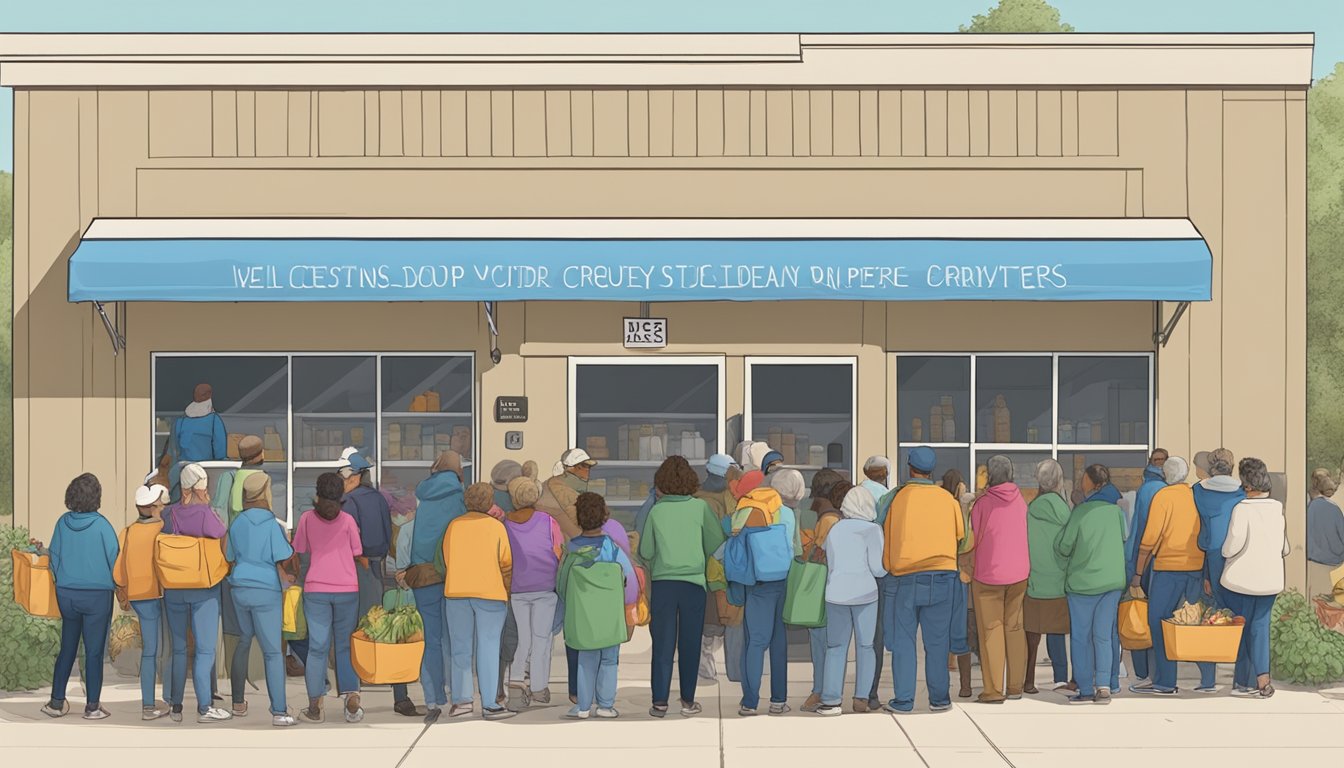 A line of people waits outside a food pantry, with volunteers handing out groceries and supplies in Randall County, Texas