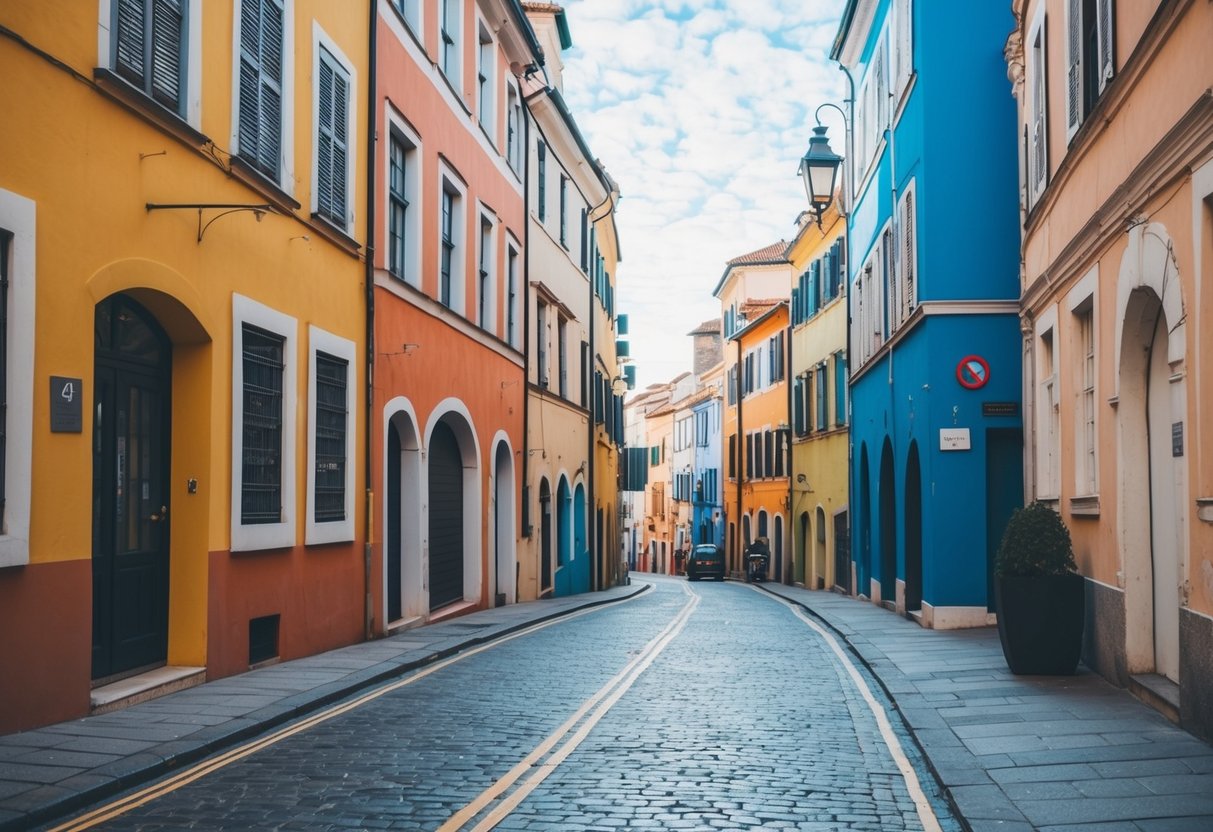 A bustling city street with colorful buildings, winding alleys, and interesting architectural details