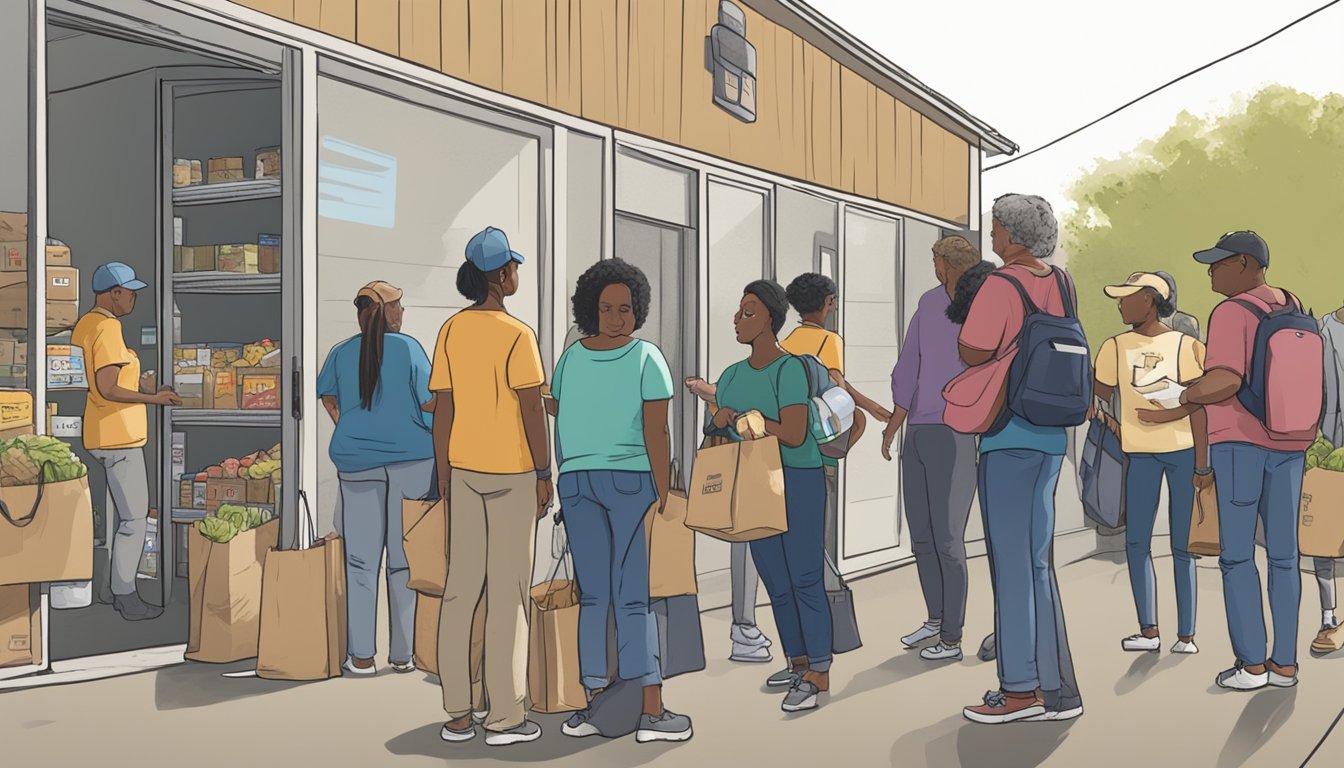 A line of people waits outside a food pantry in Somervell County, Texas. A volunteer hands out bags of groceries while others use technology to find food assistance