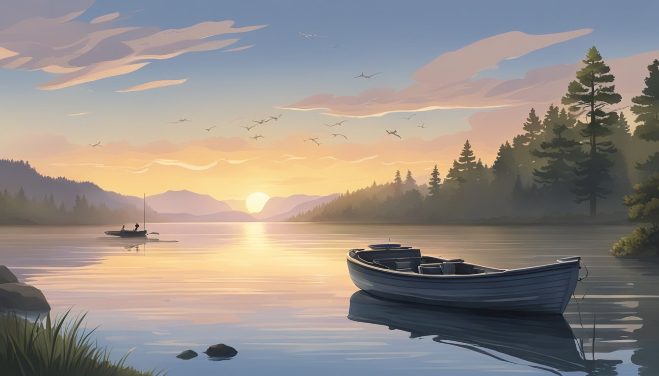 A serene lake at dawn, with a lone fishing boat anchored near a cluster of rocks where striped bass are leaping from the water