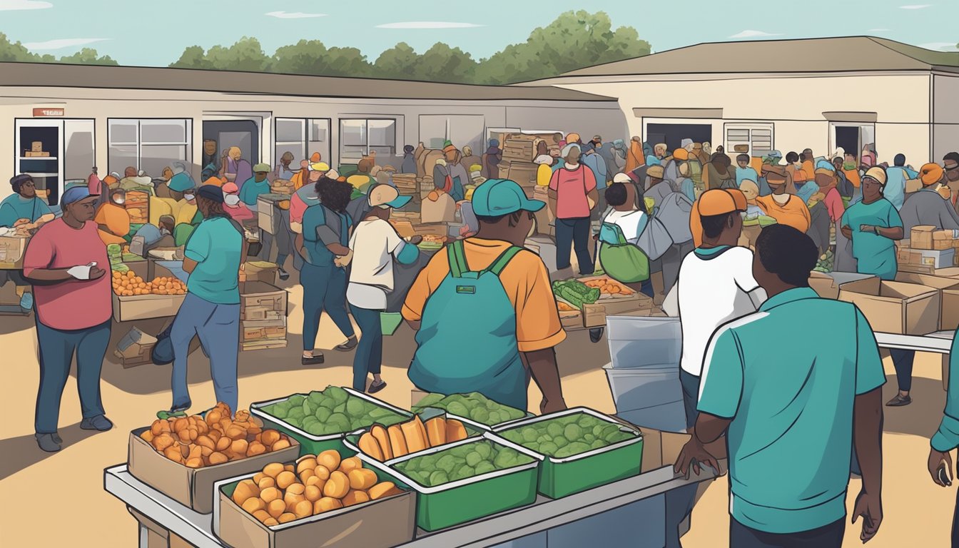 A bustling local food bank in Upton County, Texas, with volunteers distributing free groceries and pantry items to those in need