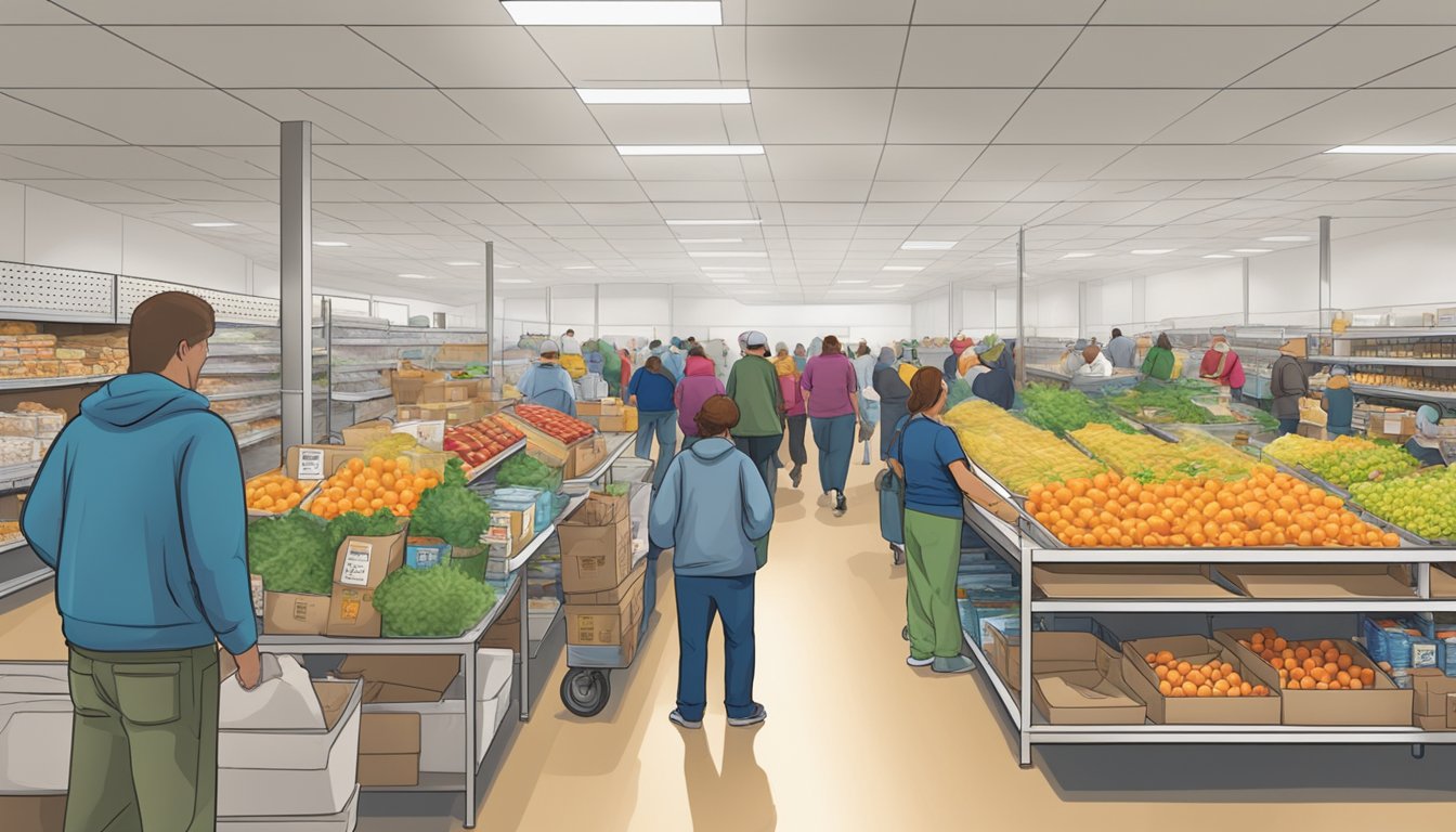 A bustling food assistance facility in Randall County, Texas, with shelves stocked full of free groceries and a line of people in need