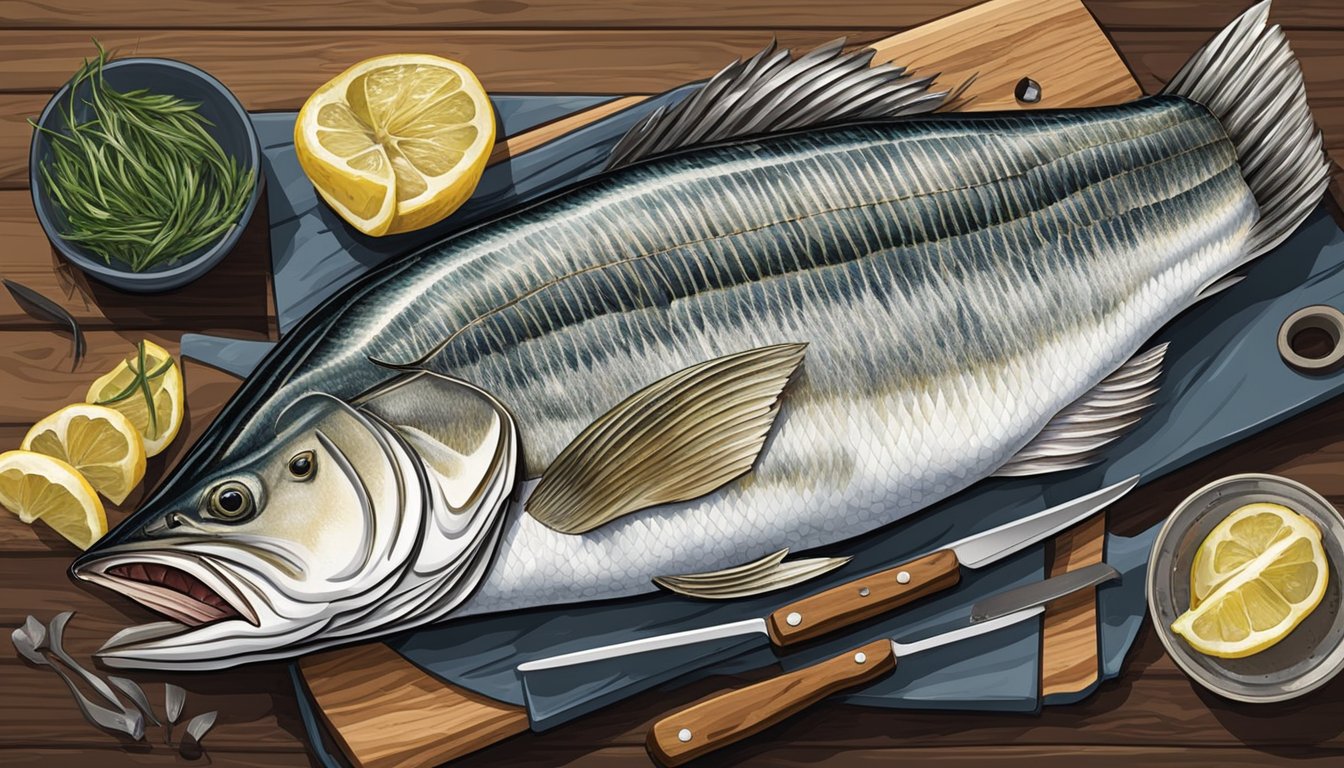 A fisherman expertly fillets a large striped bass on a wooden cutting board, surrounded by various knives and cooking utensils