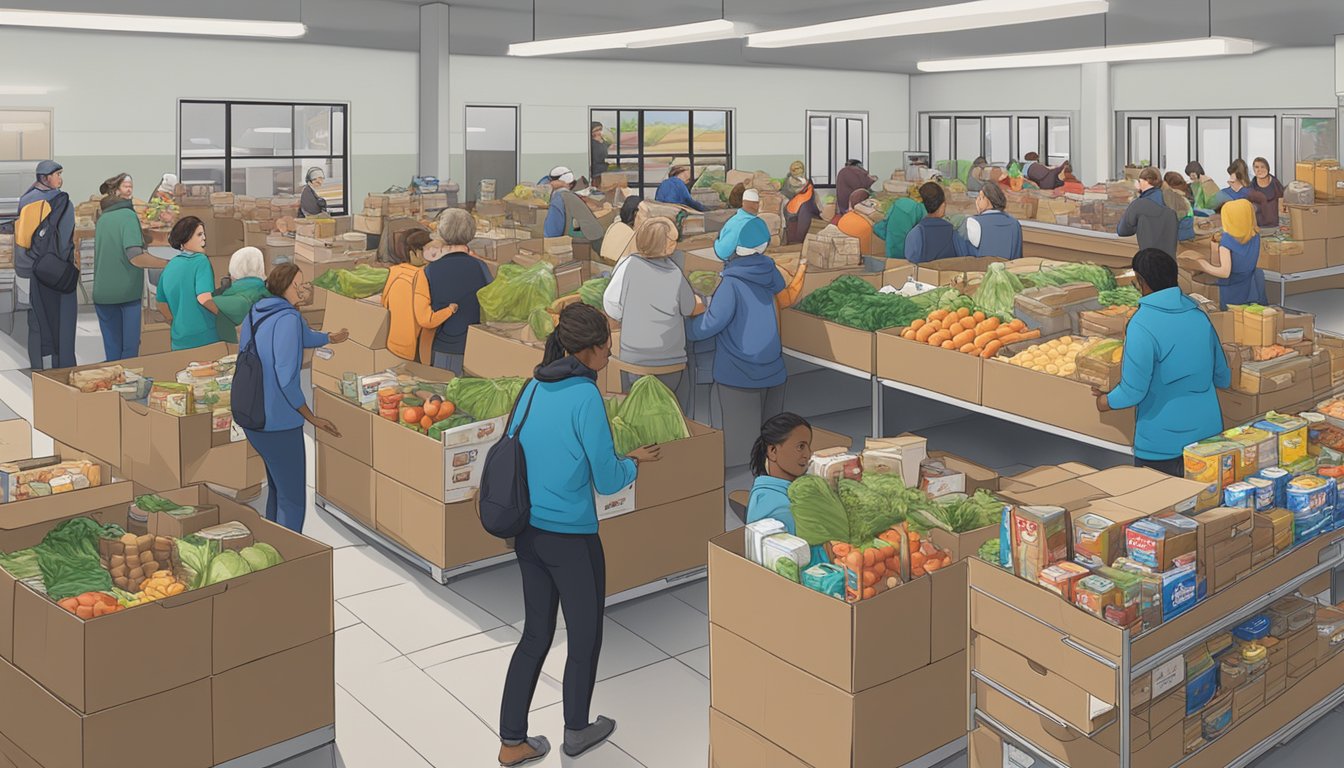 A bustling food pantry in Randall County, Texas, with volunteers handing out bags of groceries to those in need