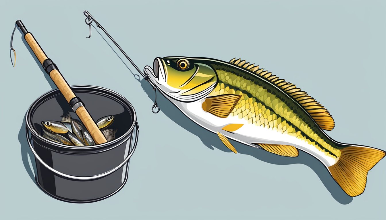 A fishing rod with bait, a bucket for caught flounder, and a grill for cooking