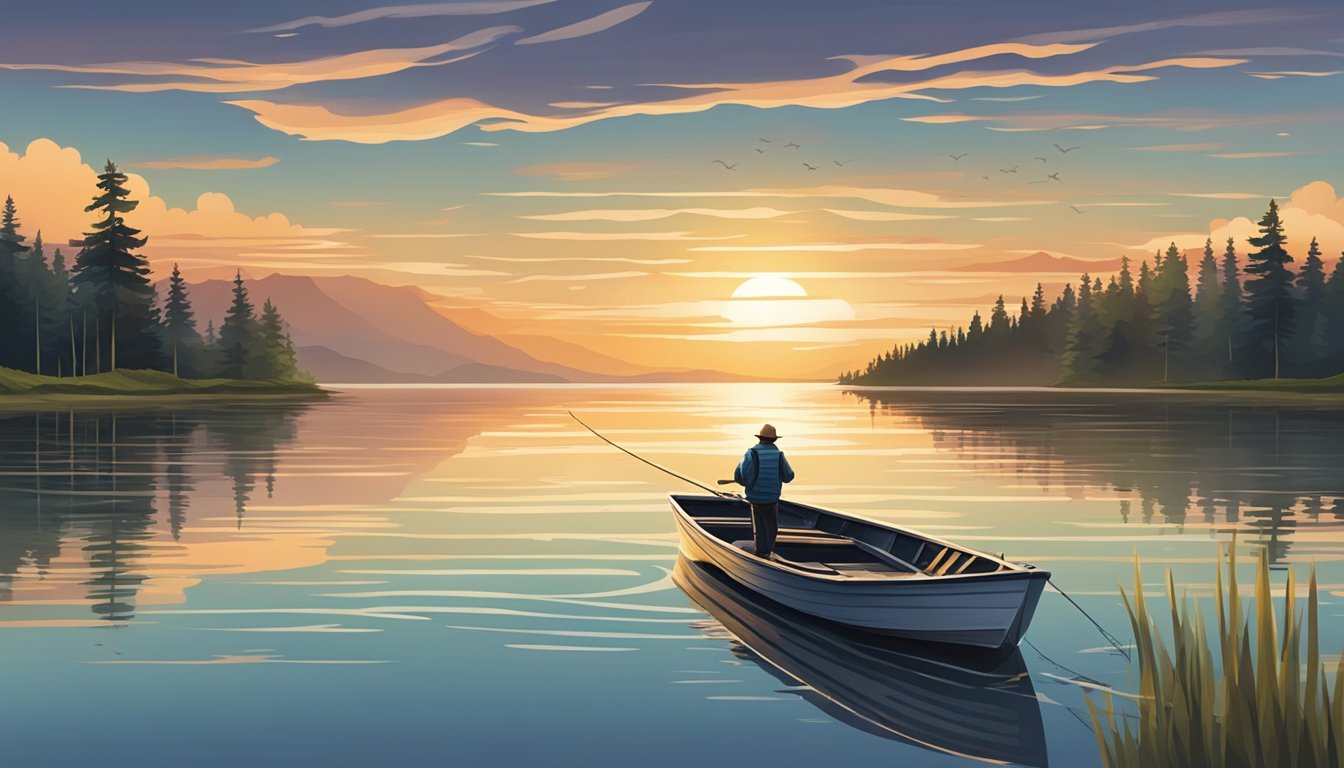 A serene lake at sunset, with a lone fishing boat surrounded by jumping striped bass