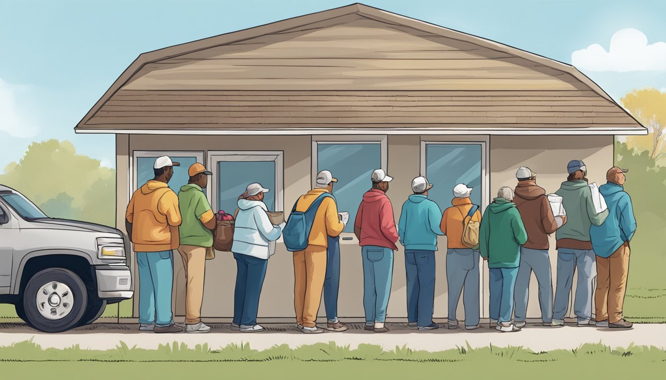 A line of people waits outside a small food pantry in Upton County, Texas. Volunteers hand out bags of groceries to those in need