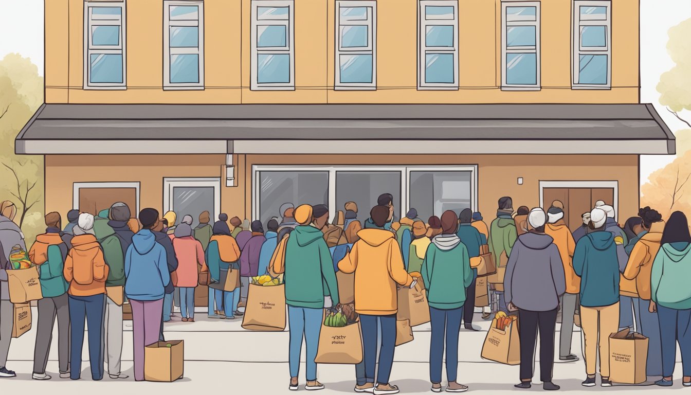 A line of people waiting outside a food pantry, with volunteers handing out bags of groceries