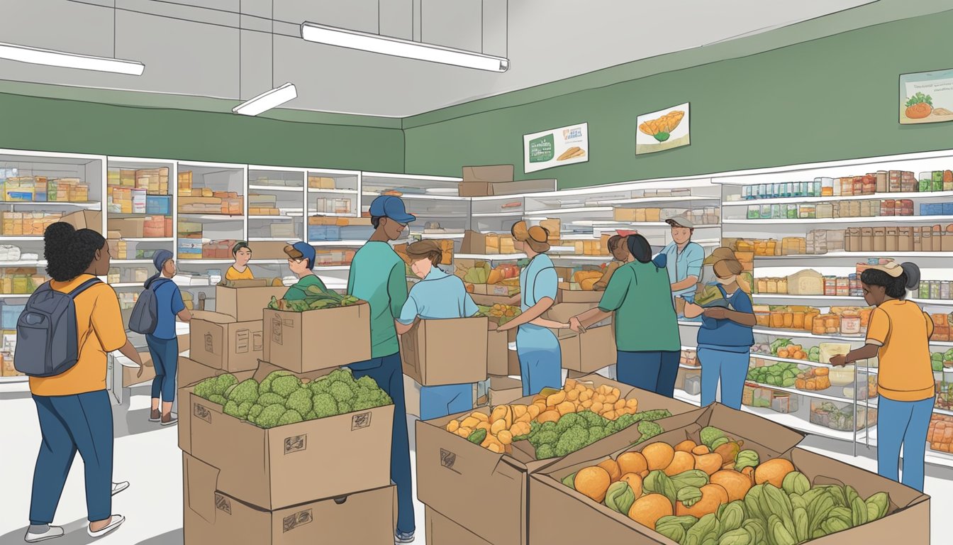 A bustling food pantry in Upton County, Texas, with volunteers distributing free groceries to those in need