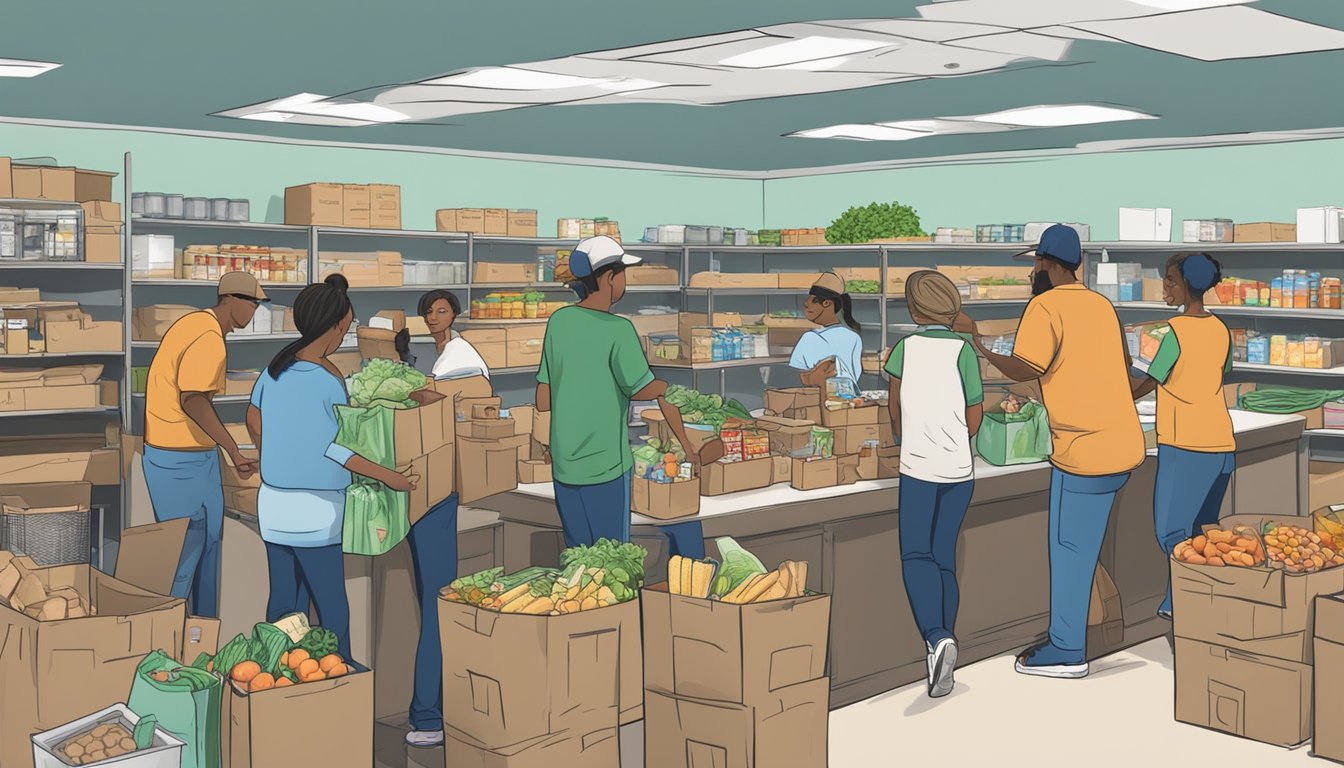 A bustling food pantry in Upton County, Texas, with volunteers distributing free groceries to those in need