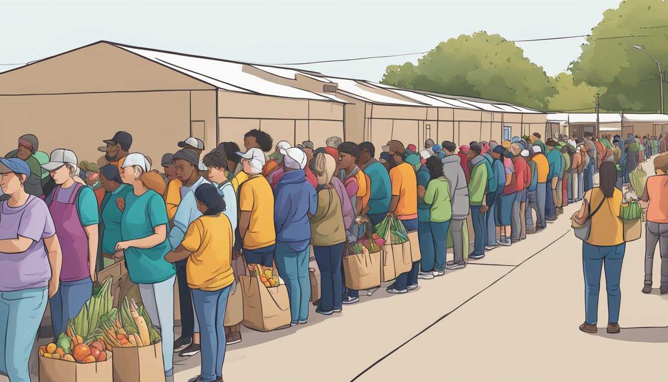 A line of people wait for free groceries at a food distribution event in Upton County, Texas. Volunteers hand out bags of food