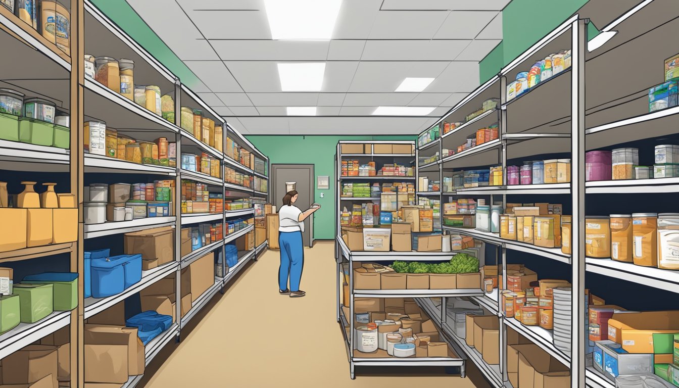 A bustling food pantry in Upton County, Texas, with shelves stocked full of groceries and volunteers assisting those in need