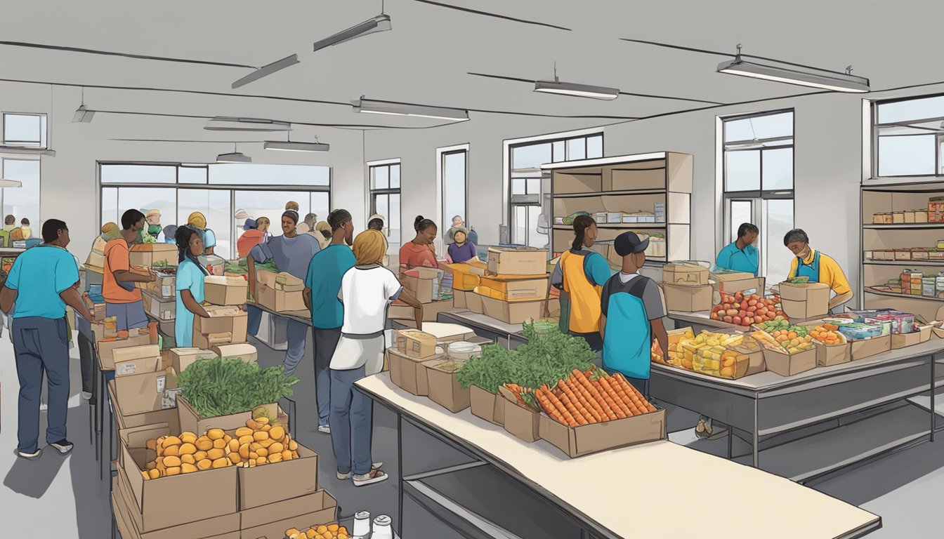 A bustling food pantry in Sterling County, Texas, with volunteers distributing free groceries to those in need