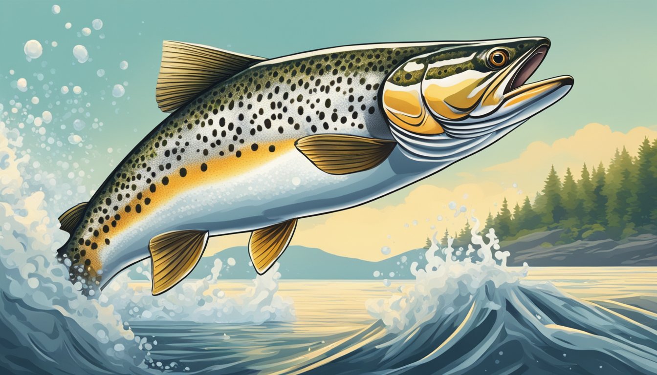 A sea trout leaping out of the water, its glistening scales catching the sunlight, while a smaller fish darts nearby