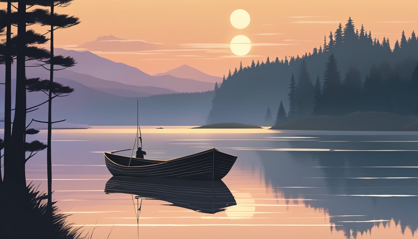 A serene lake at dusk, with a lone fishing boat and a line cast into the calm water, surrounded by tall trees and the silhouette of distant hills