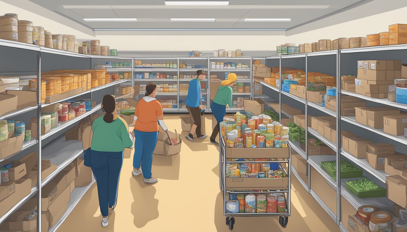 A bustling food pantry in Sterling County, Texas, with volunteers distributing free groceries to those in need