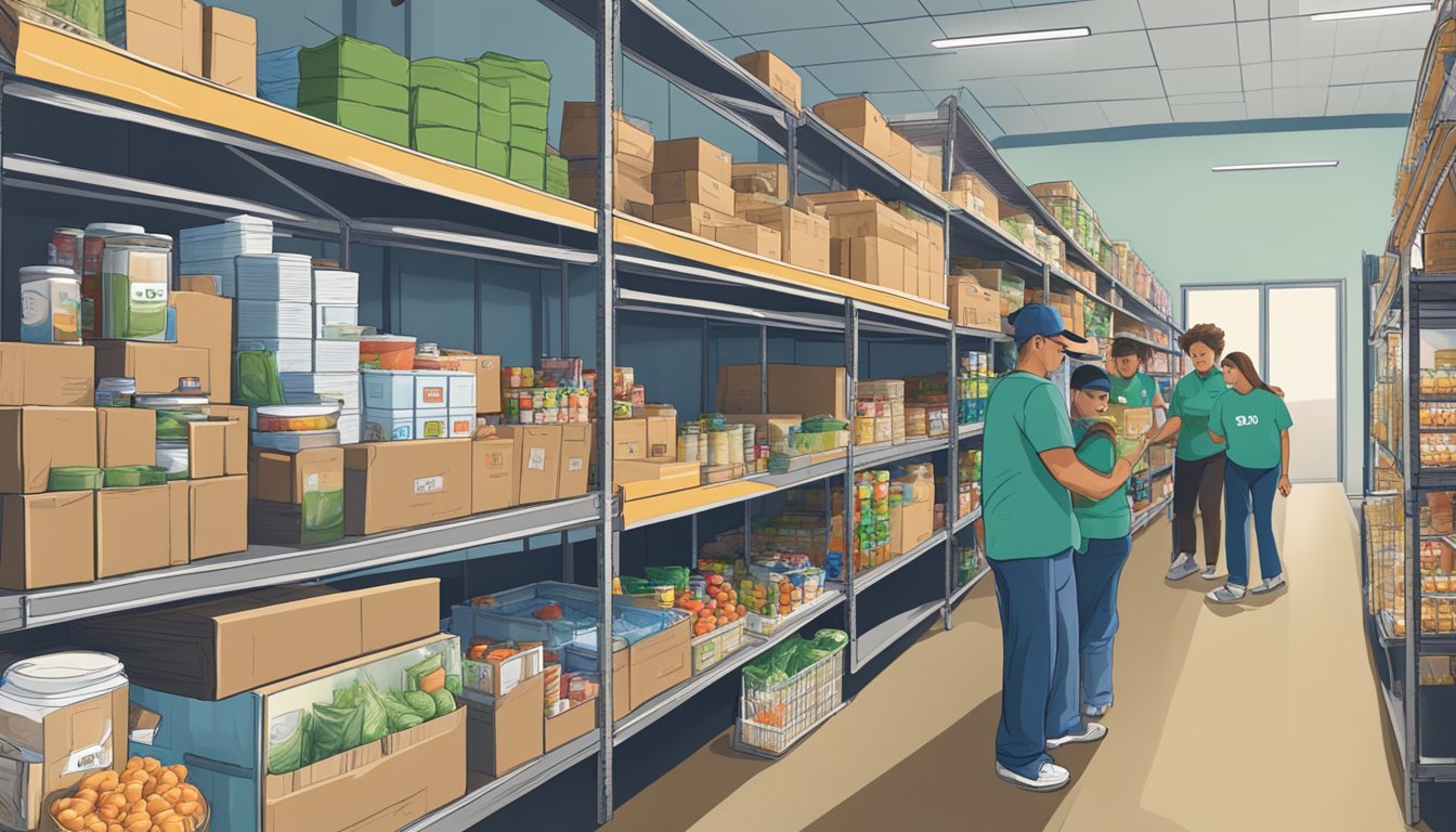 A bustling food pantry in Randall County, Texas, with shelves stocked full of groceries and volunteers assisting those in need