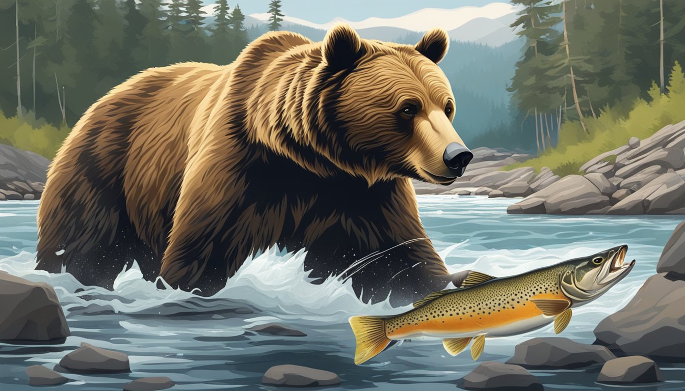 A bear catching and eating a sea trout in a pristine, protected river