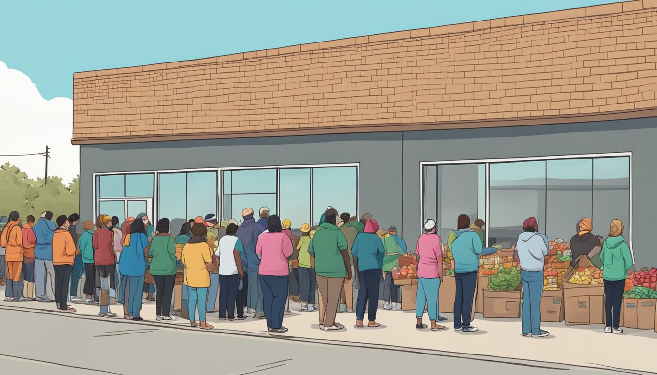 A line of people wait outside a food pantry in Randall County, Texas. Volunteers distribute groceries to those in need