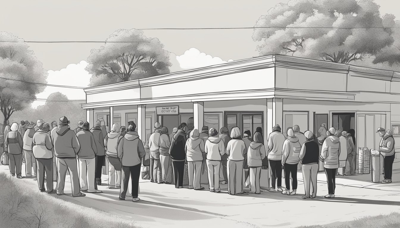 A line of people wait outside a food pantry in Sterling County, Texas. Volunteers hand out free groceries to those in need