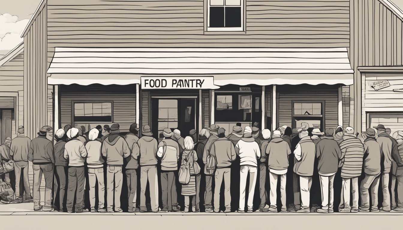 A line of people wait outside a small building, marked "Food Pantry," in a rural Texas town. Volunteers hand out bags of groceries to those in need