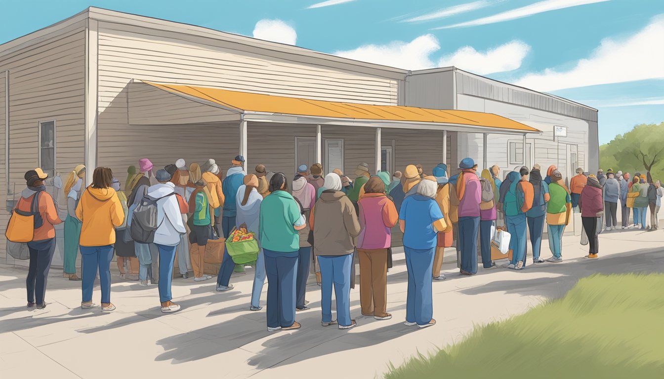 A line of people waiting outside a food pantry in Sterling County, Texas, with volunteers handing out free groceries and food assistance