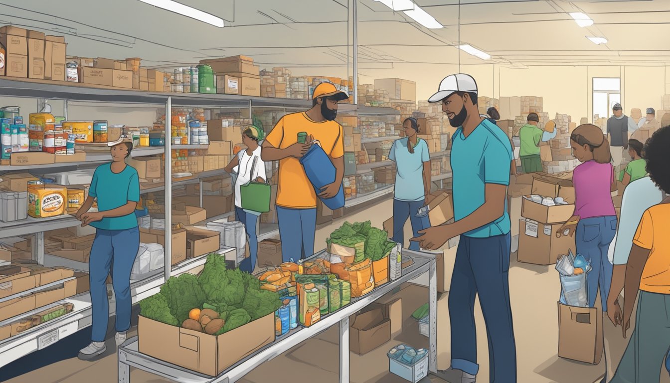 A bustling food pantry in Sterling County, Texas, with volunteers distributing free groceries to those in need