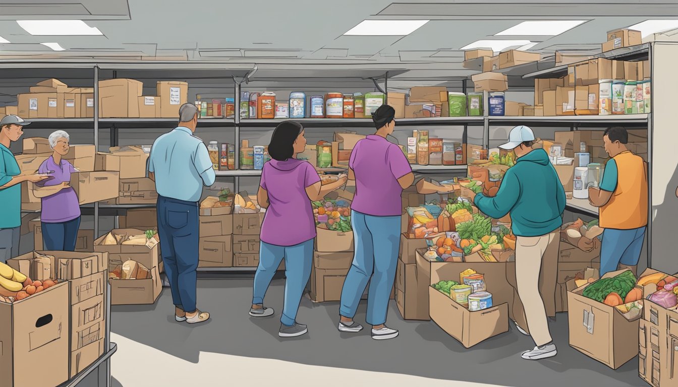 A bustling food pantry in Sterling County, Texas, with volunteers distributing free groceries to those in need