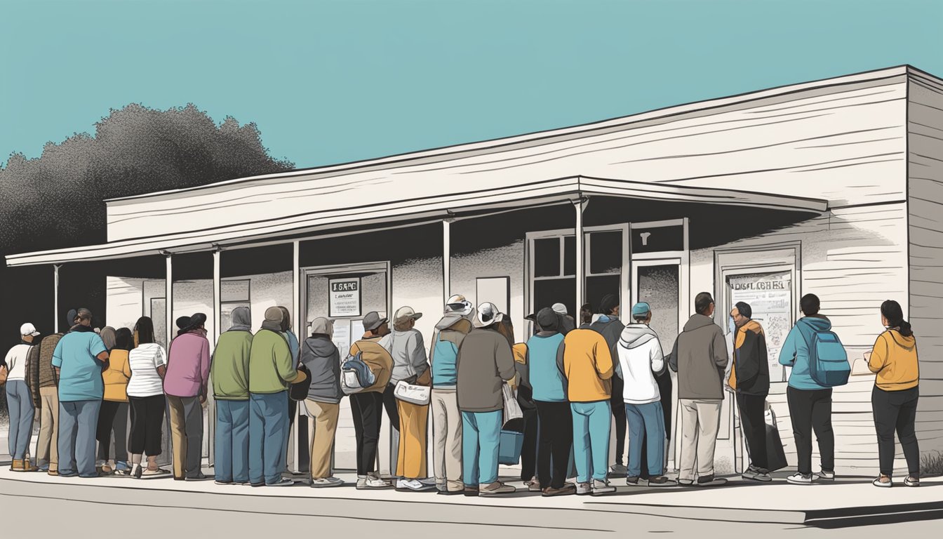 A line of people waits outside a food pantry in Uvalde County, Texas, as volunteers distribute free groceries to those in need