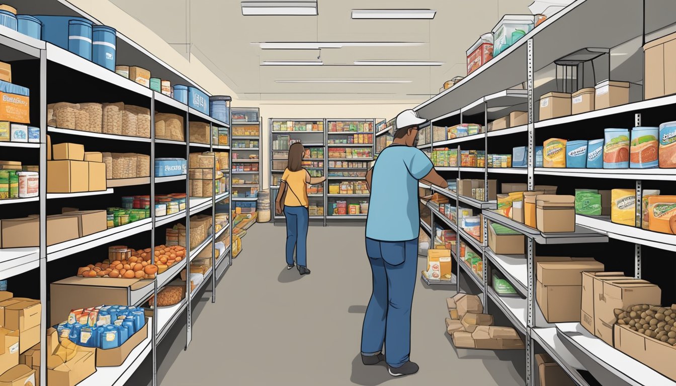 A bustling food pantry in Uvalde County, Texas, with shelves stocked full of free groceries and volunteers assisting those in need