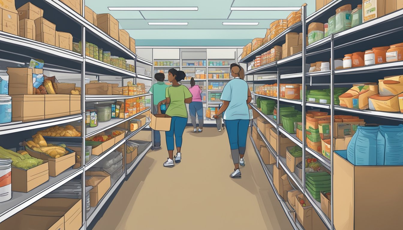 A bustling food pantry in Uvalde County, Texas, filled with shelves of free groceries and volunteers assisting those in need