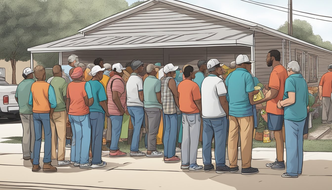 A line of people waits outside a food pantry in Red River County, Texas, as volunteers distribute free groceries to those in need