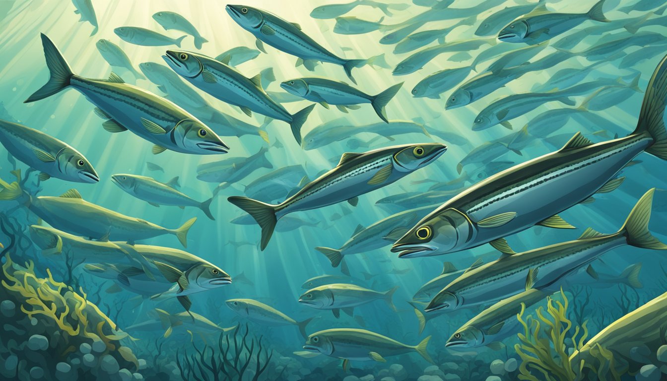 A school of mackerel swimming in a kelp forest, with larger predators hunting and catching them for a meal