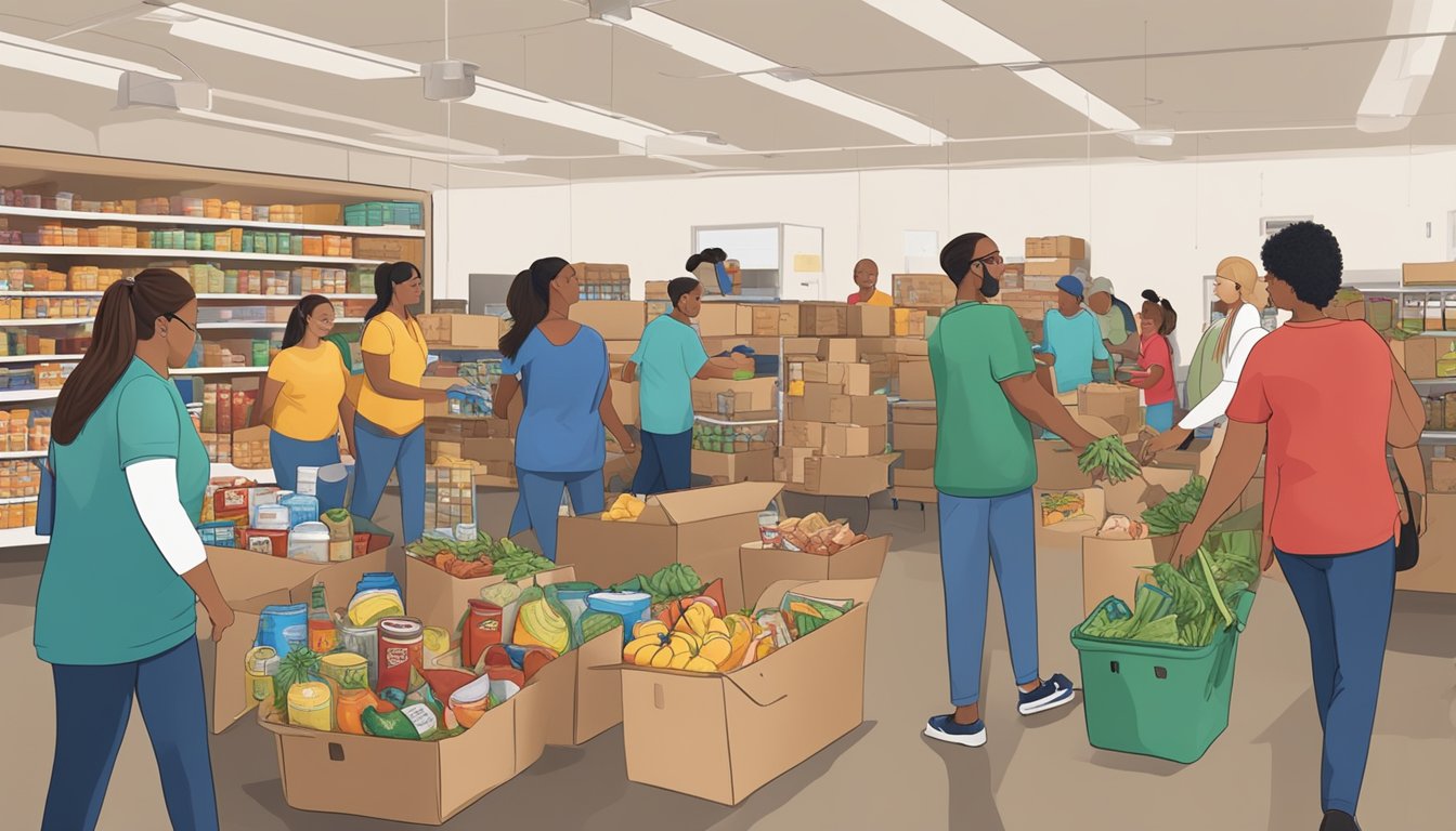 A bustling food pantry in Red River County, Texas, with volunteers distributing free groceries to those in need