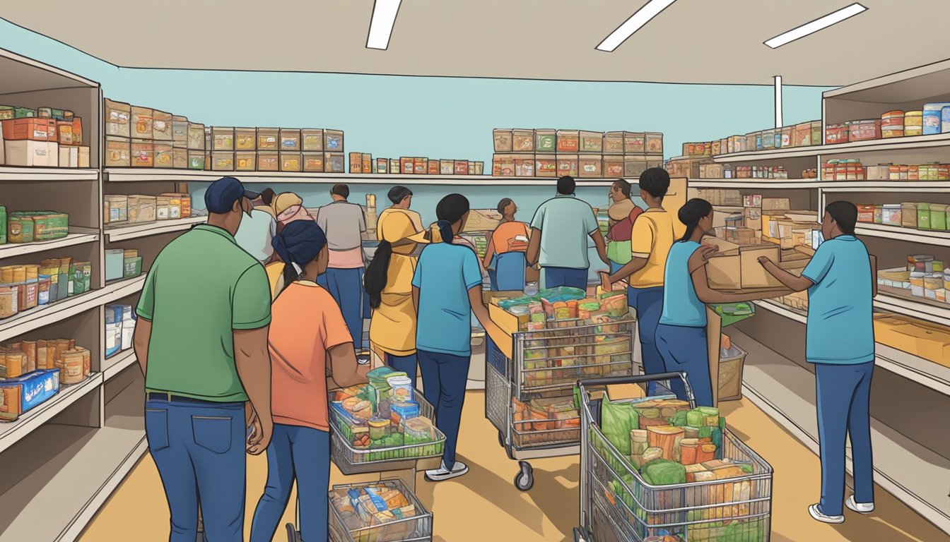 A bustling food pantry in Uvalde County, Texas, with volunteers distributing free groceries to those in need