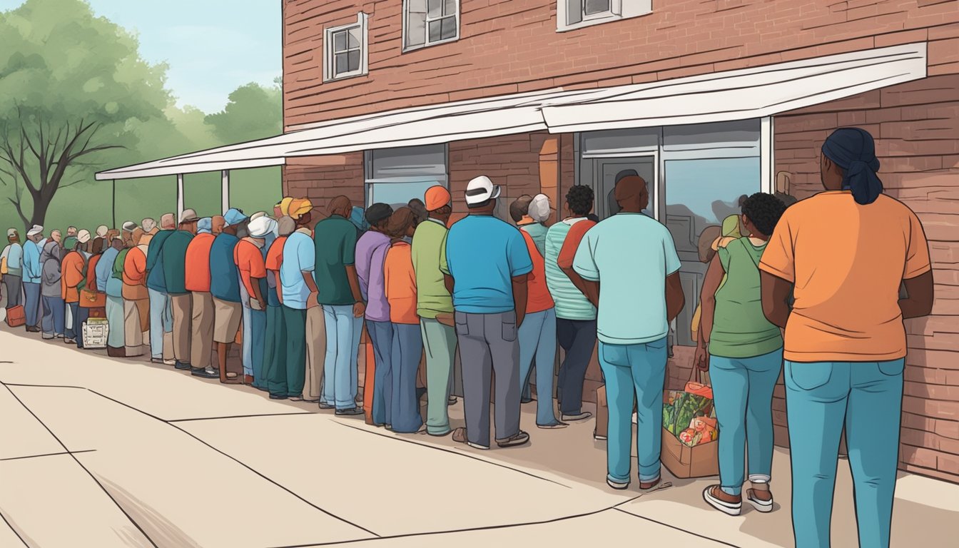 A line of people wait outside a food pantry in Red River County, Texas. Volunteers hand out free groceries to those in need