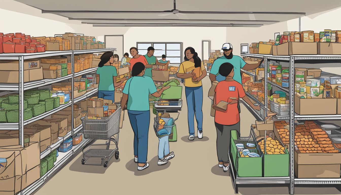 A bustling food pantry in Red River County, Texas, with volunteers distributing free groceries to those in need