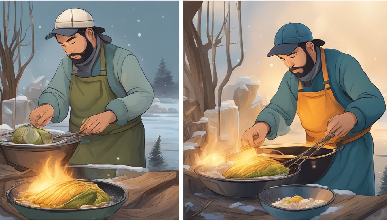 A fisherman preserving and storing opakapaka in ice, then preparing and cooking it over an open flame