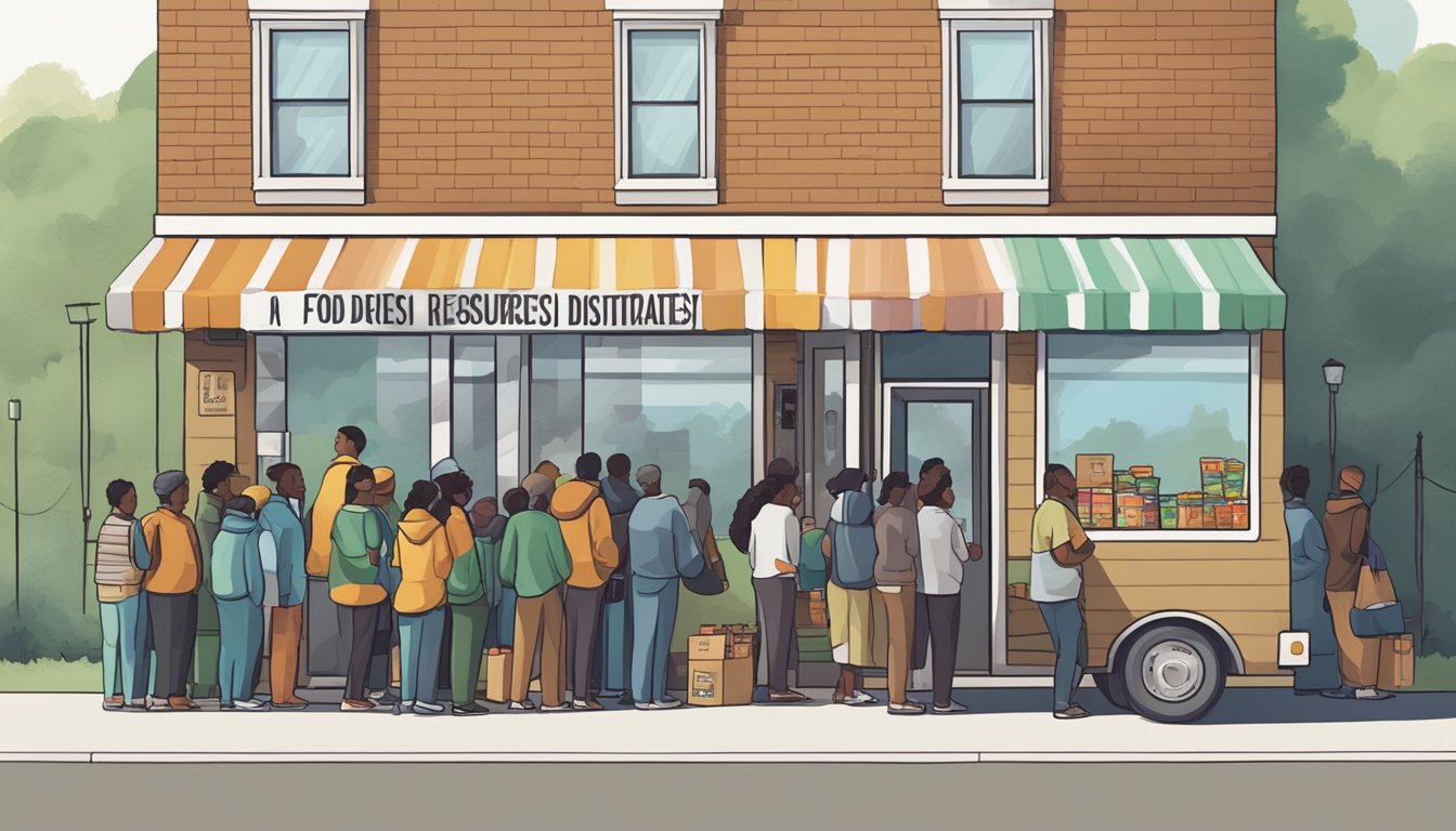 A line of people wait outside a small building with a sign reading "Food Resources." Nearby, a mobile food pantry distributes groceries to those in need