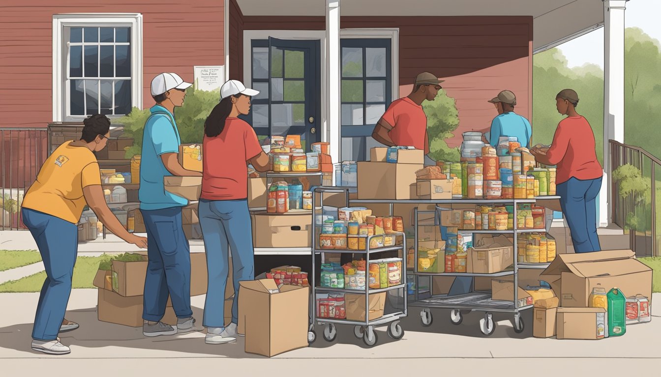 A bustling food pantry in Red River County, Texas, with volunteers handing out free groceries to those in need