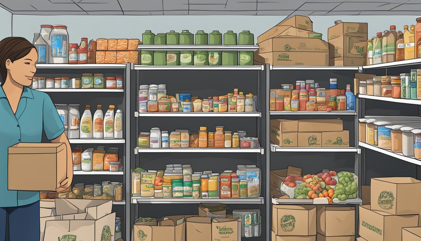 A bustling food pantry in Uvalde County, Texas, with shelves stocked full of essential groceries for those in need