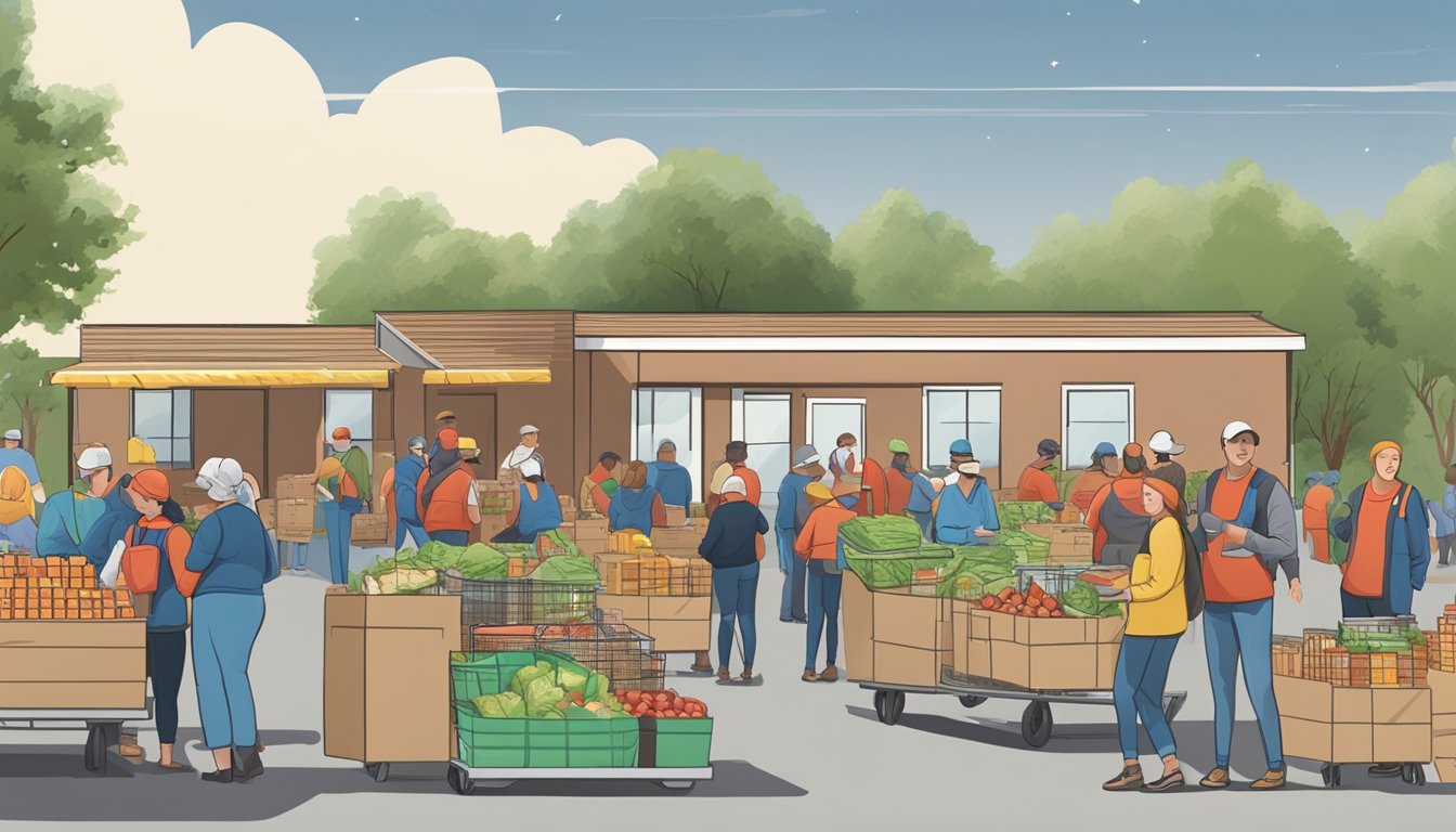 A bustling food bank in Red River County, Texas, with volunteers distributing free groceries and pantry items to those in need