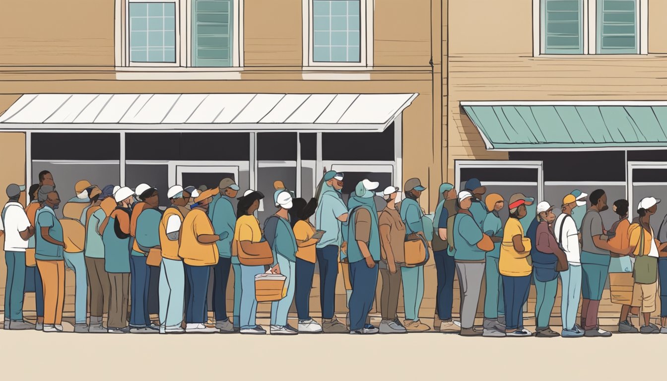 A line of people wait outside a food pantry in Uvalde County, Texas. Volunteers distribute free groceries to those in need, symbolizing hope and resilience