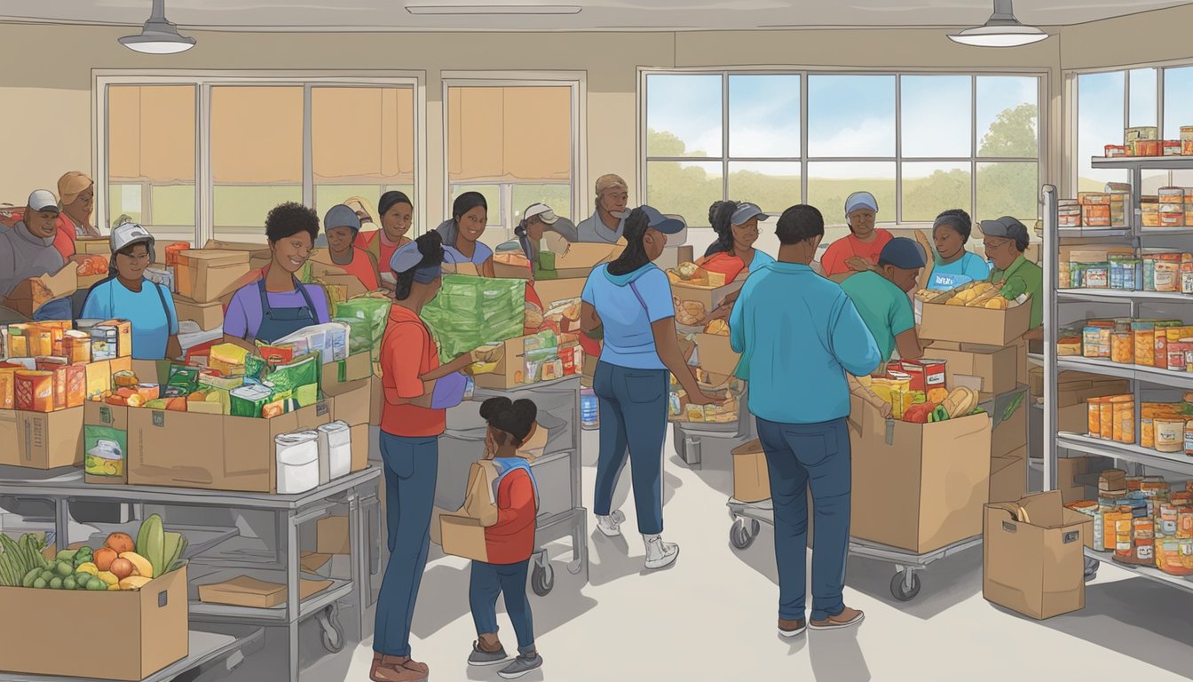 A bustling food pantry in Red River County, Texas, with volunteers distributing free groceries to those in need