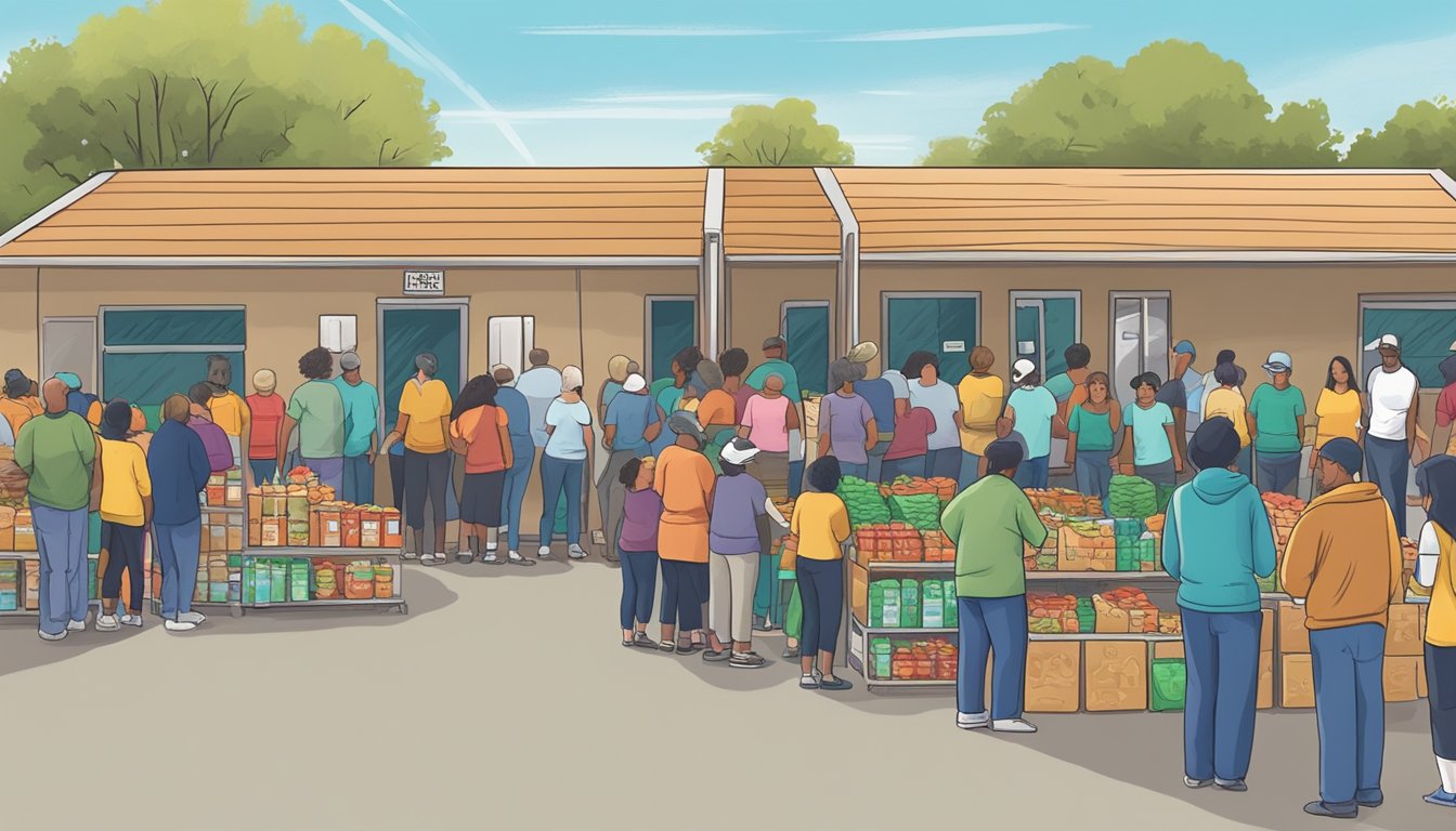 People lining up at a food pantry in Val Verde County, Texas, receiving free groceries and supplies to combat food insecurity