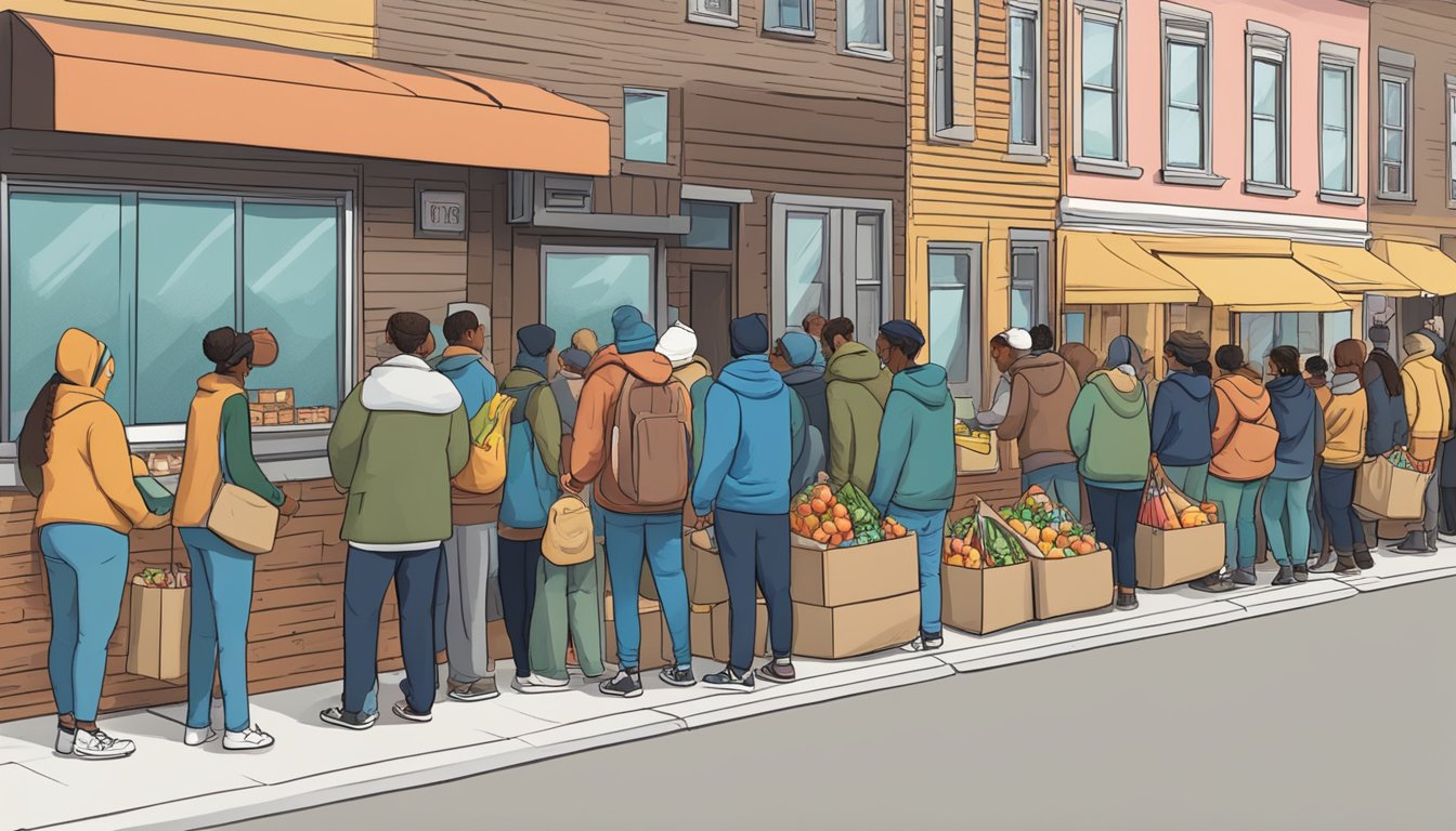 A line of people waits outside a small building, where volunteers hand out free groceries and food to those in need