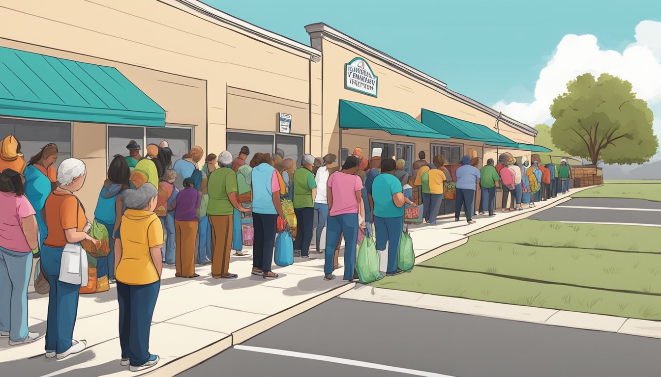 A line of people waiting outside a food pantry in Val Verde County, Texas. Volunteers handing out groceries to those in need